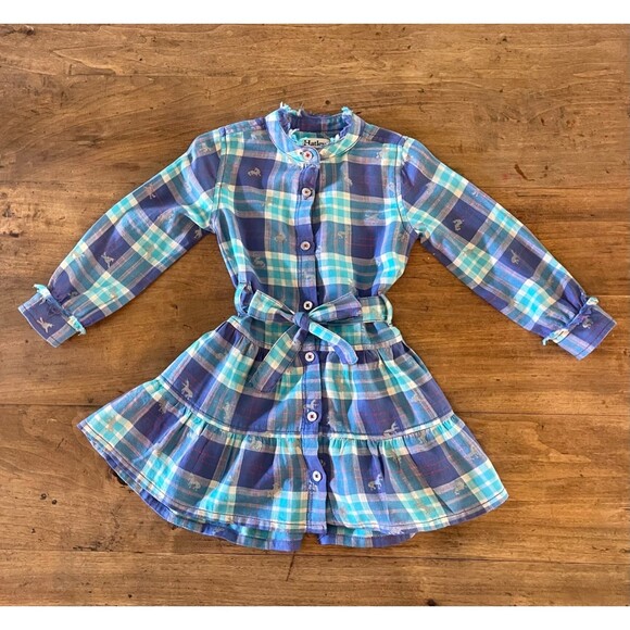 HATLEY Girls Plaid Unicorn Print Shirt Dress with Tie Belt, Sz 3 - Picture 1 of 7